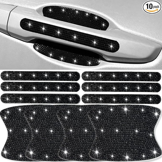 10 pcs Bling Diamond Car Door Handle Stickers, Bling Car Accessories for Women, Universal Rhinestone Crystal Glitter Door Handle Protector Stickers and Decals, Scratch Safety Reflective (Black)
