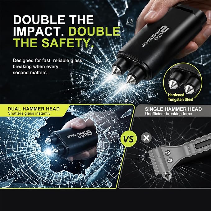 AutoManiacs 2-in-1 Window Breaker & Seatbelt Cutter, Dual Hammer Car Emergency Escape Tool with Magnetic Base, Effortless Glass Breaker Safety Hammer, Matte Metal Design