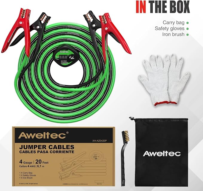 Heavy Duty Jumper Cables,4 Gauge 20 Feet Booster Cable with Reverse & Power Battery Tester, Smart Safety Protector Automotive Wire for Cars Trucks,Carry Bag,Safety Gloves,Iron Brush