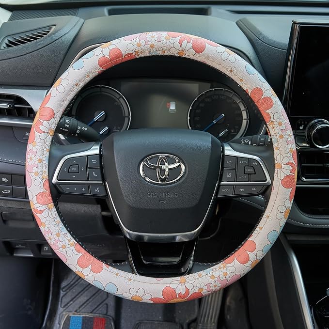 Retro Floral Daisy Colorful Flowers Car Leather Steering Wheel Cover - 15-inch Universal Microfiber- Soft & Breathable & Silicone Anti Slip Auto Steering Wheel Wrap for Women