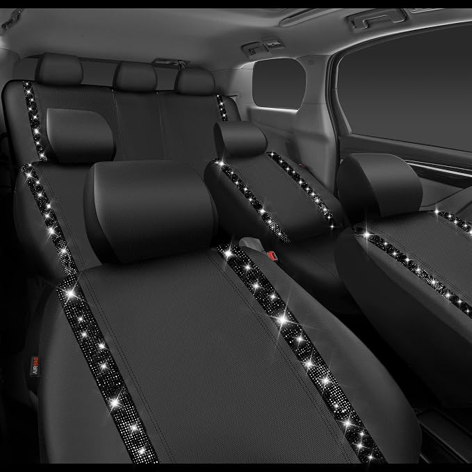 CAR PASS Bling Diamond Car Seat Covers, Shining Rhinestones Waterproof Faux Leather, 7 Seats 3 Rows with Zipper Glitter Crystal Sparkle Strips Universal Fit 95% MPV,SUV,CAR for Women Girl, Black