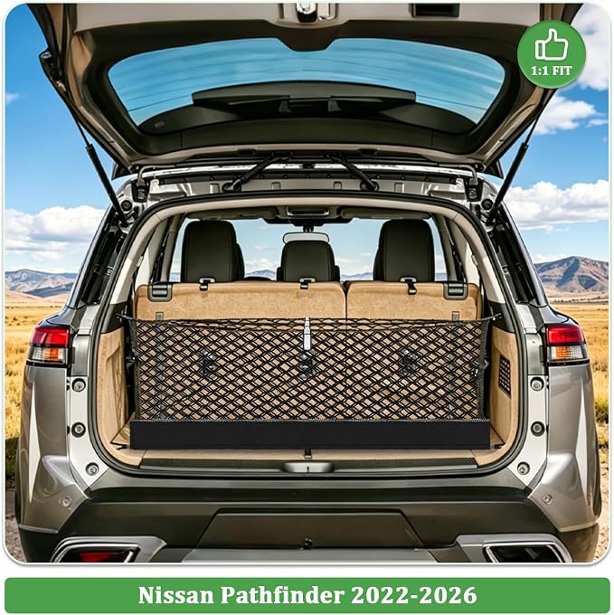 3-Layer Cargo Net for Nissan Pathfinder 2022-2026 | Zipper Bag Trunk Net for SUV, Heavy Duty Oxford Cargo Organizer Storage Nets with Carabiners for Camping, Groceries