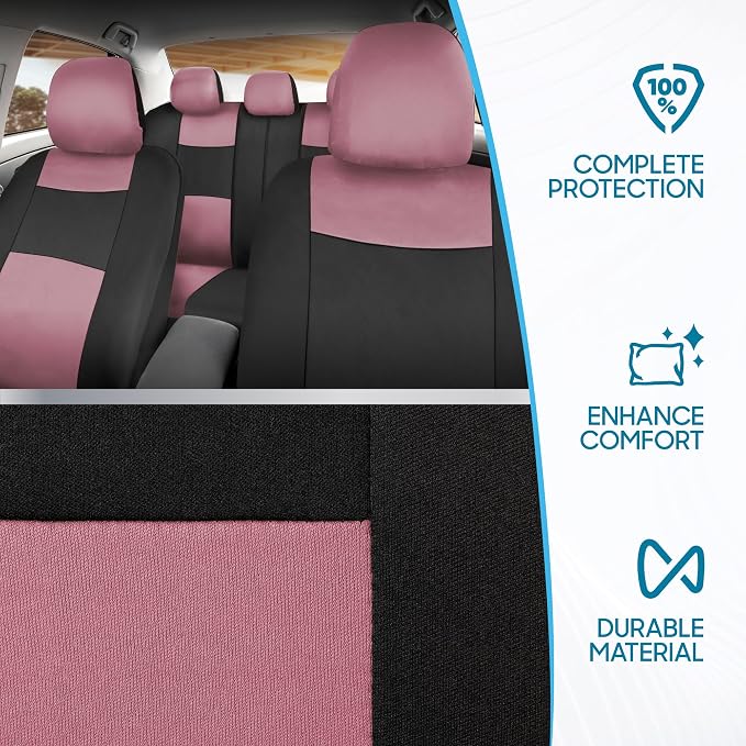 BDK PolyPro Car Seat Covers Full Set in Pink on Black, Front and Rear Split Bench Seat Covers for Cars, Easy to Install Car Seats Cover Set and Accessories for Auto Trucks Van SUV - Pink