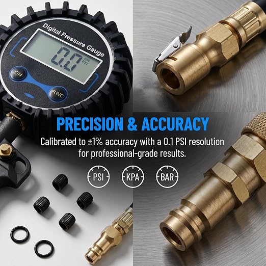 Digital Tire Pressure Gauge with Inflator | 3-250 PSI, Air Chuck & Compressor Accessories, Heavy Duty, Quick Connect Coupler, 0.1 Display Resolution
