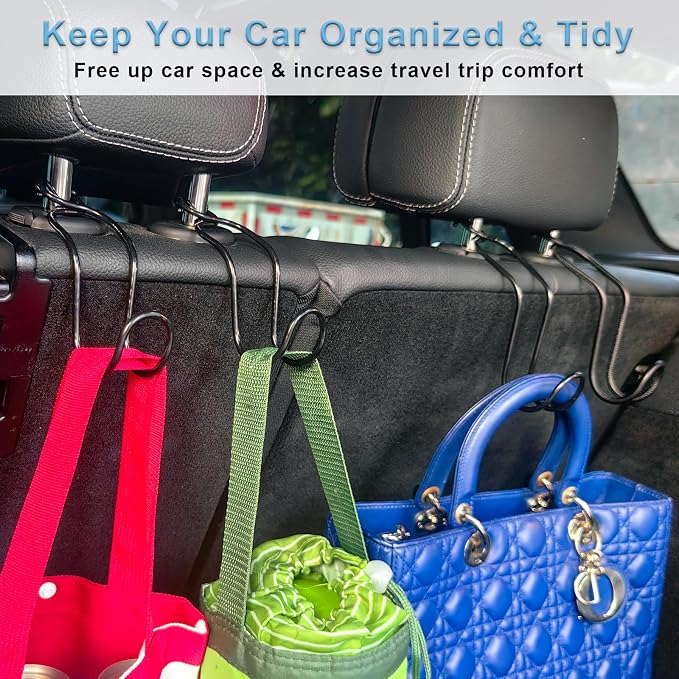 Car Headrest Hooks 4 Pack Universal Purse Holder for SUV Truck - 4 * Large | Heavy Duty Car Seat Back Storage Organizers Interior Accessories for Women Men Automotive Travel Essentials Auto Stuff