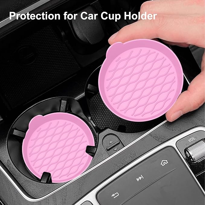 4PCS Car Cup Holder Coasters, Universal Silicone Non-Slip Insert Cup Coasters, Soft Wave Pattern Cup Holders, Car Interior Accessories for SUV, Truck, RV (Pink)