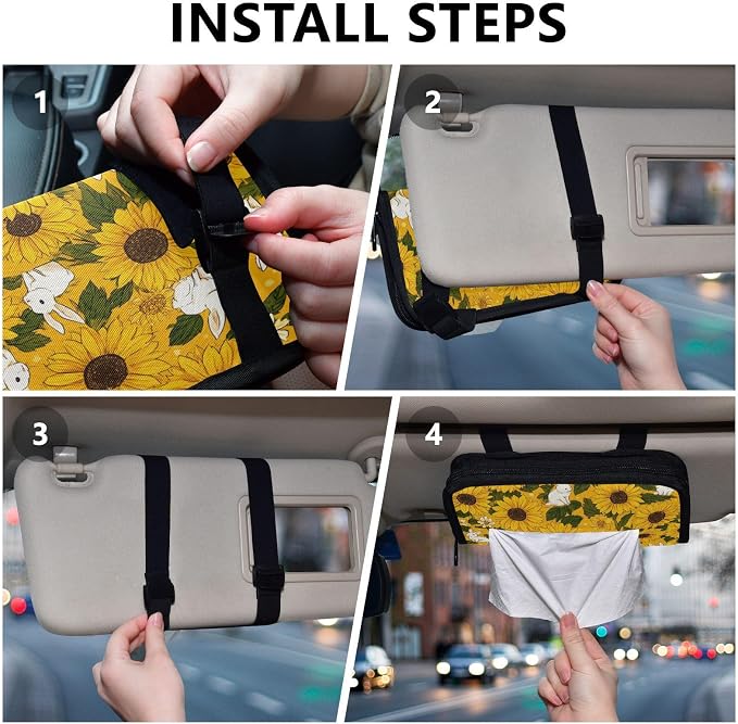 Car Tissue Holder Car Napkin Holder Car Tissue Box Dispenser Storage Case Sun Visor Mask Holder with Adjustable Straps Reusable Refillable Autumn Sunflower and Cute Rabbit