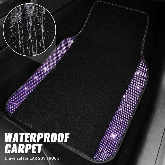 CAR PASS Bling Diamond Leather Steering Wheel Cover 14.5in-15in Floor Mats Shining Rhinestone Carpet Sparkly Glitter Crystal Anti-Slip Pad Fit Automotive SUV Pickup Truck Girl Women, 5pcs Black Purple