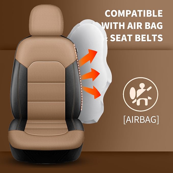HChengkikz Front Car Seat Covers, Air Mesh, Breathable (Black + Beige) | Airbag Compatible, Automotive Comfort Protection, Universal Fit for Most Cars,Trucks,SUVs
