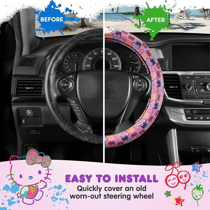 Sanrio Hello Kitty Lavender Doodle Car Steering Wheel Cover, Universal Fit Cute Accessories for Women Stylish Decor Gifts Hello Kitty Accessories - Fits Standard Wheels 14.5"-15"