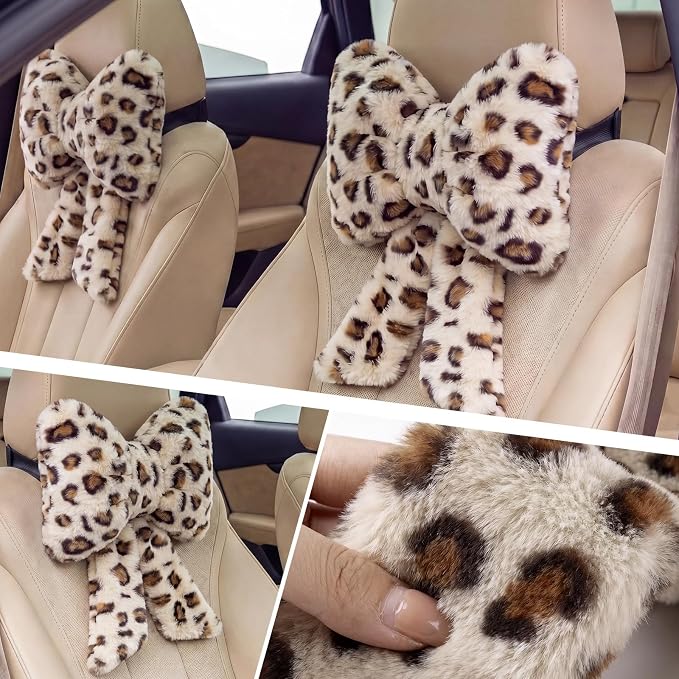 Macarrie 2 Pcs Car Neck Pillow Plush Butterfly Bow Car Headrest Pillow Comfortable Seat Neck Support Cute Head Rest Accessories for Driving Travel Driver Chair Girl Interior Decor(Gray,Leopard)