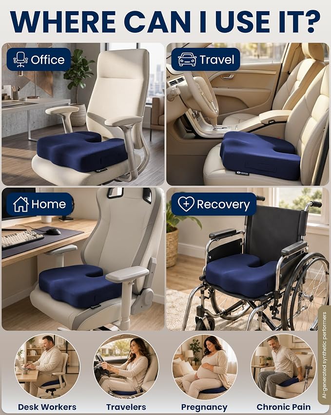 5 STARS UNITED Seat Cushion - Memory Foam Chair Cushion for Tailbone Pain Relief - Ergonomic Support for Coccyx, Sciatica & Butt - Office, Desk & Gaming Chair, Car Seat, Wheelchair, Airplane, Blue