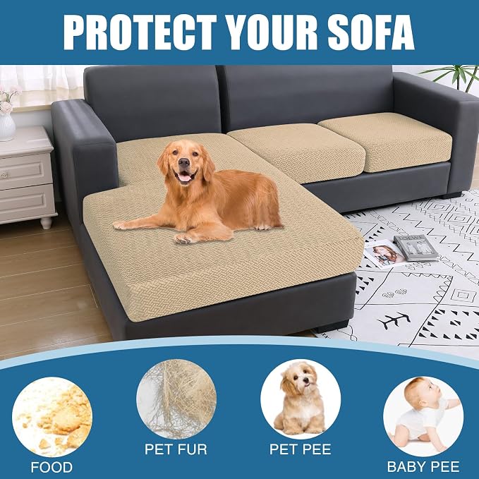 Smiry Waterproof Couch Cushion Covers, Stretch Jacquard Sectional Couch Covers, L Shape Chaise Lounge Sofa Slipcover, Washable Elastic Furniture Protector for Pets, Kid (Chaise Cover, Light Brown)