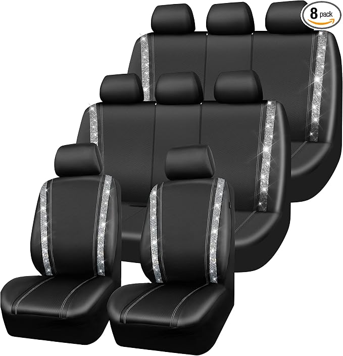 CAR PASS Bling Diamond Car Seat Covers, Shining Rhinestones Waterproof Faux Leather, 8 Seats 3 Rows with Zipper Glitter Crystal Sparkle Strips Universal Fit 95% MPV,SUV,CAR for Women Girl, Silver