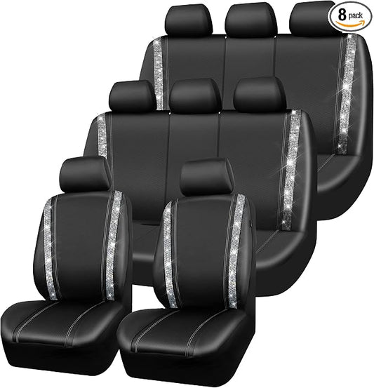 CAR PASS Bling Diamond Car Seat Covers, Shining Rhinestones Waterproof Faux Leather, 8 Seats 3 Rows with Zipper Glitter Crystal Sparkle Strips Universal Fit 95% MPV,SUV,CAR for Women Girl, Silver