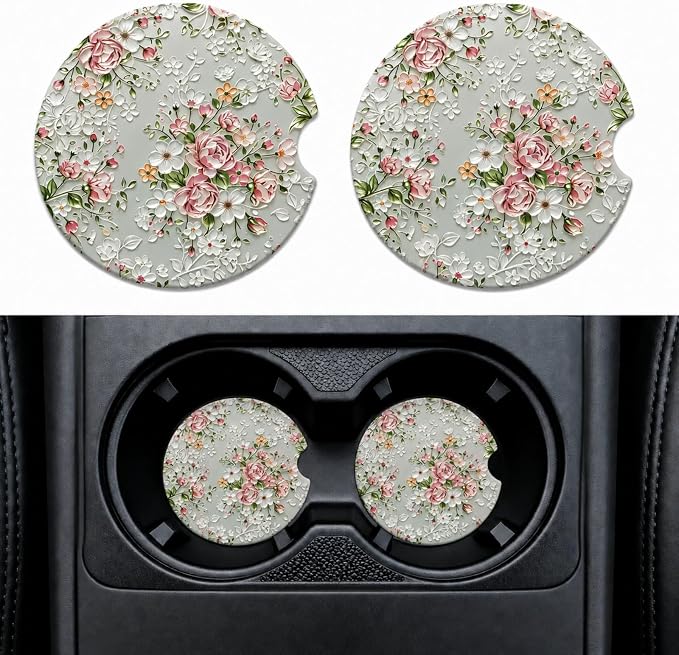 2Pack Car Cup Holder Coasters Absorbent Ceramic Coaster 2.56" for Women & Men Auto Flower Car Accessories