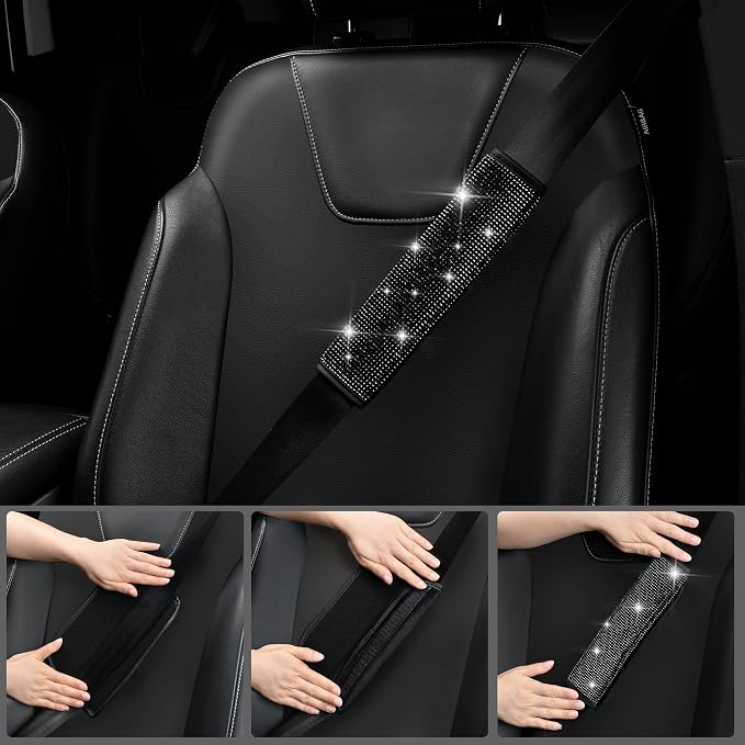 CAR PASS Bling Diamond Leather Car Seat Covers 11 PCS, Sparkly Rhinestone Steering Wheel Cover Glitter Cute Interior Car Accessories Sets Seat Belt Cushion Cup Holder Coaster Women Girl, Black Diamond