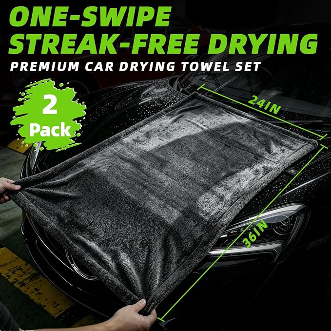 2 Pack Car Drying Towels – Microfiber Towels for Cars (36" x 24"), Ultra-Absorbent, Streak-Free, Scratch-Free, No Water Spots, Double-Twist Pile & Edgeless Design, Green