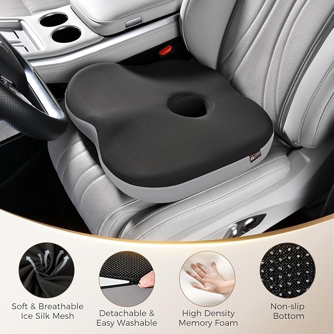 Coverado Seat Cushion for Sciatica Pain Relief, Ergonomic Memory Foam Wheelchair Cushions, Non-Slip Washable Car Seat Cushions for Driving Travel Truck Office Chair Car Driving Driver Gray&Black