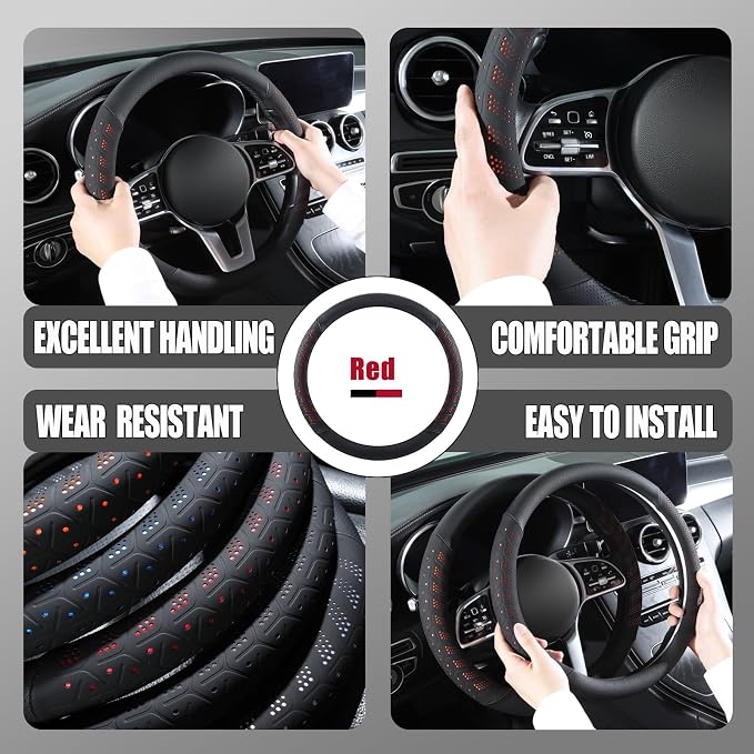 3D Slim Soft 15 inch Leather Steering Wheel Cover Black with Red | Breathable Anti-Slip Premium Skin-Feel Perforated Thin Nappa Leather, Universal 14.5 inch to 15 inch