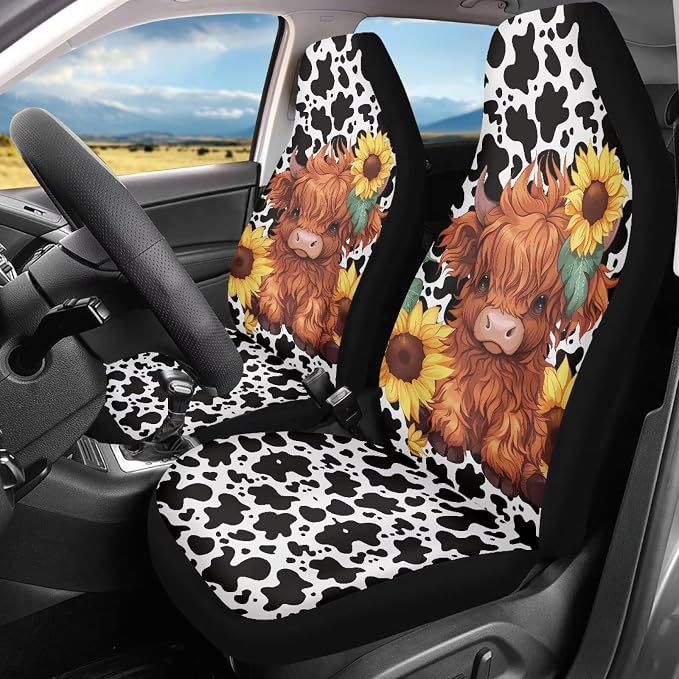 Cute Sunflower Highland Cow Front Seat Covers for Cars Bucket Seat Covers Black Cow Spots Decorative Automotive Seat Cushion Protectors Covers Automotive Accessories Interior Decoration
