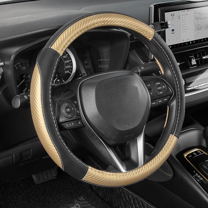 SEG Direct Steering Wheel Cover for Car, Standard Size 14.5-15 inch, Auto Interior Accessories, Black with Golden Carbon Fiber Pattern