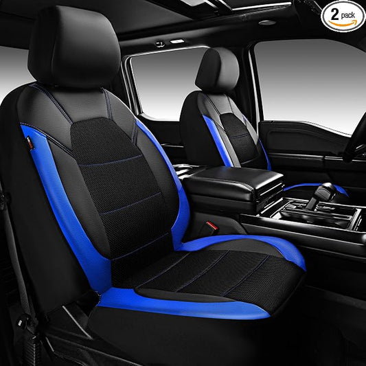 CAR PASS Leather Car Seat Covers Front Seats Only, with Air Mesh Front Seat Covers Breathable, Cool Automotive Seat Cover 2 Pack, Universal Fit Most Cars,SUV,Truck,Van Airbag Compatible(Black & Blue)
