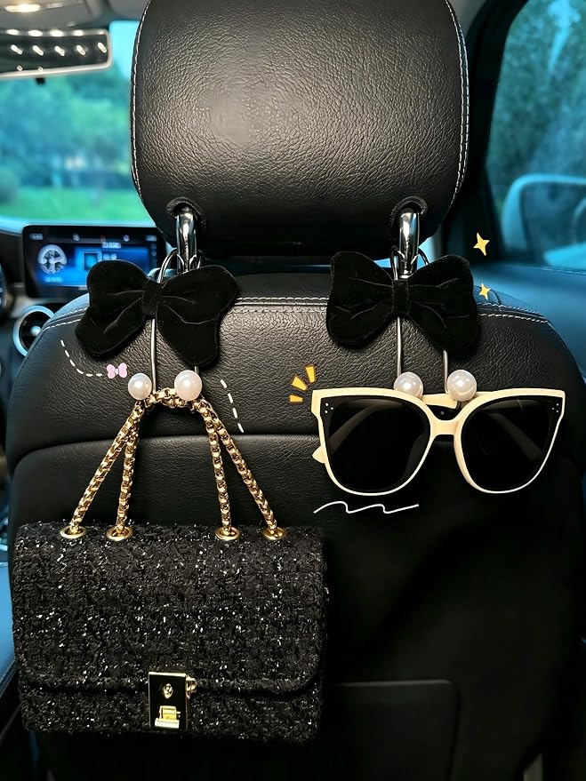 2PC Car Hooks for Purses and Bags Cute，Bowknot Seat Back Hook for Car Headrest Purse Holder Clip,Auto Hanger Seat Decorations Accessories for Women,Black Bow