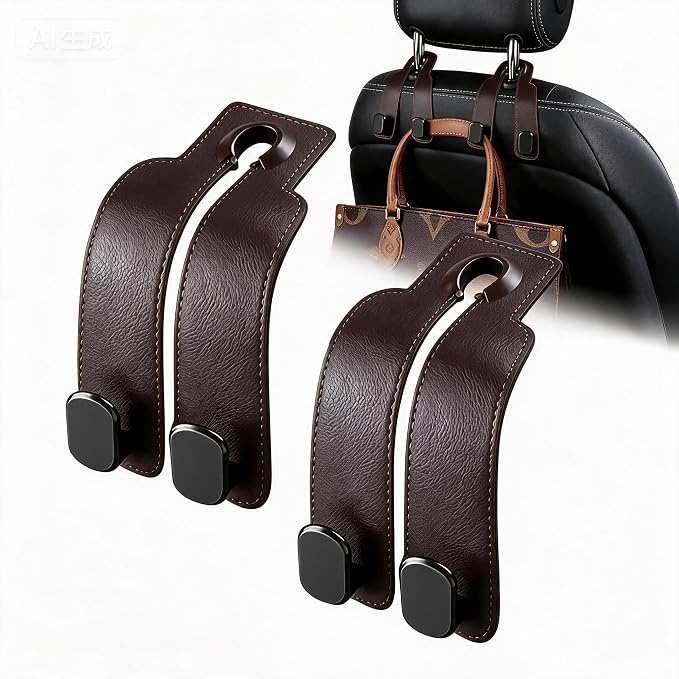 Car Seat Headrest Hooks for Purses and Bags, 4-Pack Heavy Duty Car Seat Hooks with Anti-Slip Pad, Universal Car Backseat Organizer Hanger Accessories for Grocery Bags (Brown)