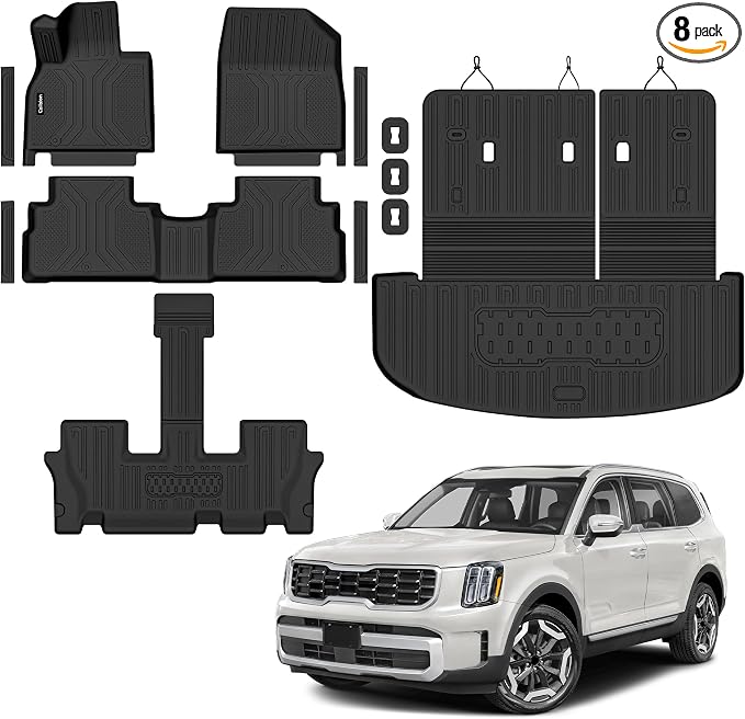 Floor Mats for 2020-2025 Kia Telluride 7/8 Seats (Not for 2027) | All Weather TPE Custom Fit Floor Liner, Cargo Liner, Backrest Mats & Door Sills for Kia Telluride 7/8 Seats Accessories