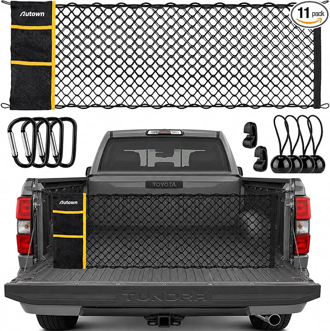 AUTOWN Truck Bed Cargo Net, Envelope Bed Netting for Toyota Tundra 2007-2025 2026, Pickup Truck Bed Organizer with 5mm Bungee & Integrated Storage Bag & Bungee Balls & Carabiners