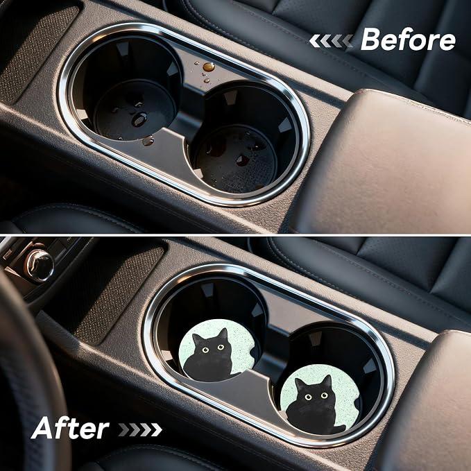 Car Cup Holder Ceramic Coasters 2 Pack, 2.56 in Anti Slip Absorbent Coaster with Cork Base and Finger Notch, Funny Cute Car Accessories Interior for Women, Terrazzo Black Cat