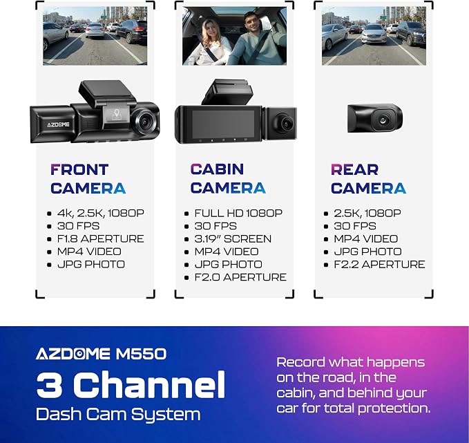 AZDOME M550 3CH Dash Cam 4K - 3.19" Screen IR Night Vision - 24H Parking Mode - 3-Channel Dash Cam - Interior IR Camera - Built-in GPS & WiFi - Three-Mode Parking Monitor