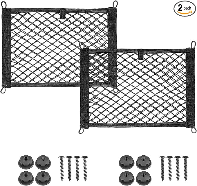 2 PCS Small Cargo Nets, 14"×10" Double Layer Car Organizer Net with Mounting Screws & Hooks, Stretchable Cargo Netting Storage Pouch for Car Truck SUV RV Boat Trunk