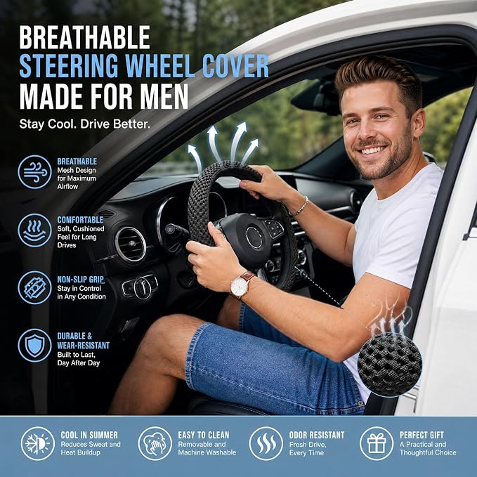 Mesh Ice Silk Cooling Car Steering Wheel Cover for Men Women,Summer Universal Breathable Stretch Anti-Slip Wheel Cover 14.5-15" for Cars, Trucks, Pickups, SUVs (Black)
