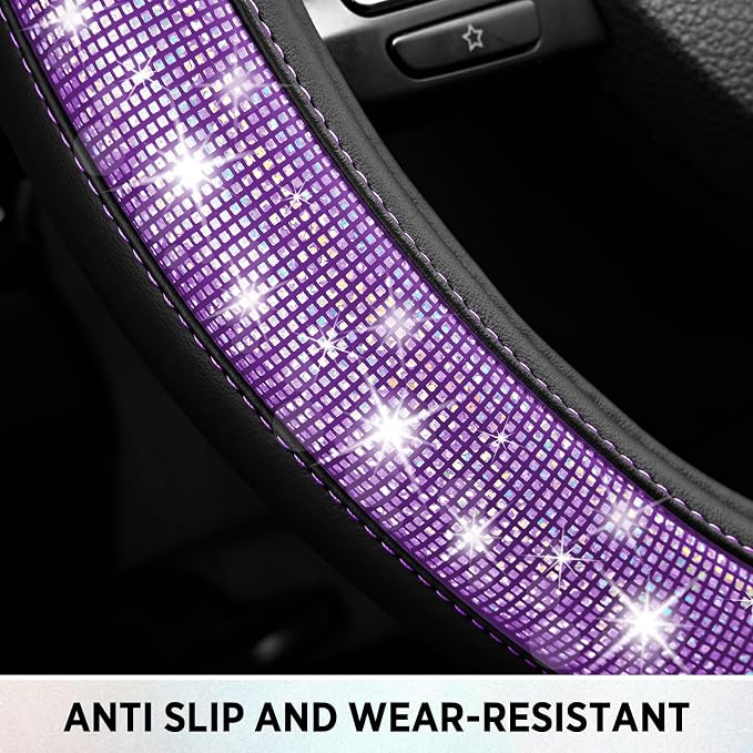Road Comforts Pixel Glitter Steering Wheel Cover, 14.5–15 Inch Leather Steering Wheels Snug Fit, Anti-Slip Leather Grip, Elegant Sparkle Design, Universal Fit - Purple