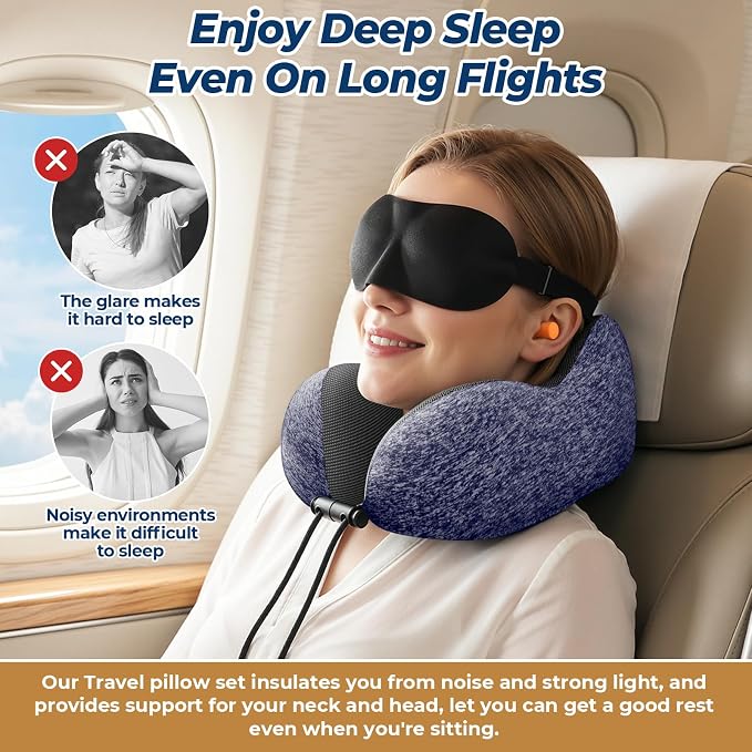 ExploreBliss Travel Pillow, Travel Pillows for Sleeping Airplane, Neck Pillow Airplane, Memory Foam Neck Pillow Set with Eye Mask, Earplugs and Storage Bag -Mottled Blue