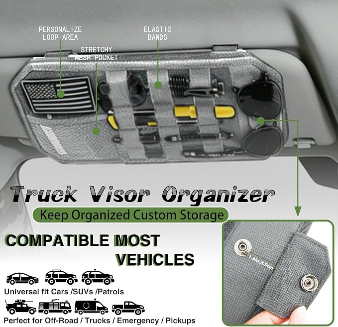 Car Sun Visor Organizer, Tactical Molle Panel Visor Storage Organizer with Sunglasses Holder for Police Gear & Overland Accessories, Universal Fit for Trucks, SUVs, Jeeps & Patrols, Grey