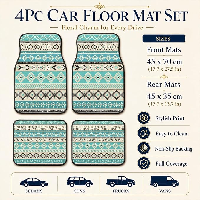 Turquoise Car Floor Mats Set of 4 Tribal Diamond Stripe Car Accessories Foot Mats Rugs, Non-Slip,Decor for Universal Fit for Suvs Sedans Trucks Cars Auto Floor Carpets Rugs All-Weather