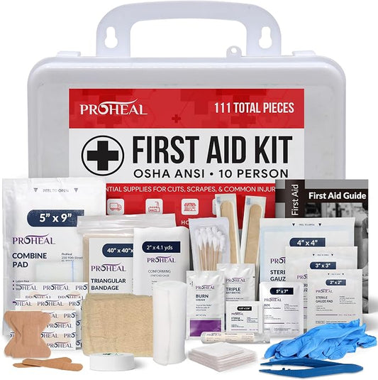 OSHA Compliant First Aid Kit for Car, Home & Business - 10 Person, Type III, ANSI Class A, 111 Pieces Emergency Kit for Office, Truck & Construction Site - Latex Free, Wall Mountable | ProHeal