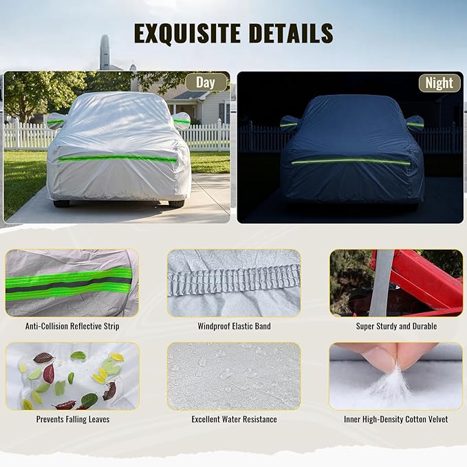 TUCAREST 6-Layers Premium Full Car Cover Hard Shell Zipper Design Waterproof All Weather Weatherproof UV Sun Protection Snow Dust Storm Resistant Outdoor with Straps (Fit for SUV/MPV 191"- 200")