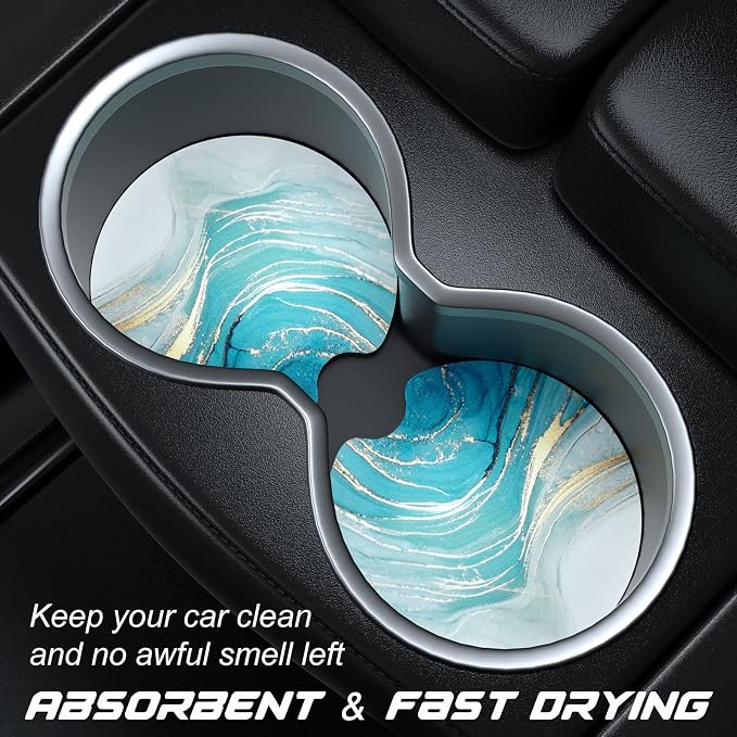 Aiawoxc Car Cup Holder Coasters, 2 Pack Universal Auto Anti Slip Insert Coaster with A Finger Notch, Cute Car Assecories for Women Men, Cup Mat for Most Interior, Teal Marble