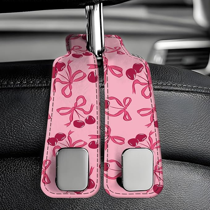 Car Seat Back Storage Headrest Hook, Premium Leather Double Metal Hook, Hanger Storage Organizer for Purse Cloth Bag, Car Interior Accessories Pink Bow Cherry