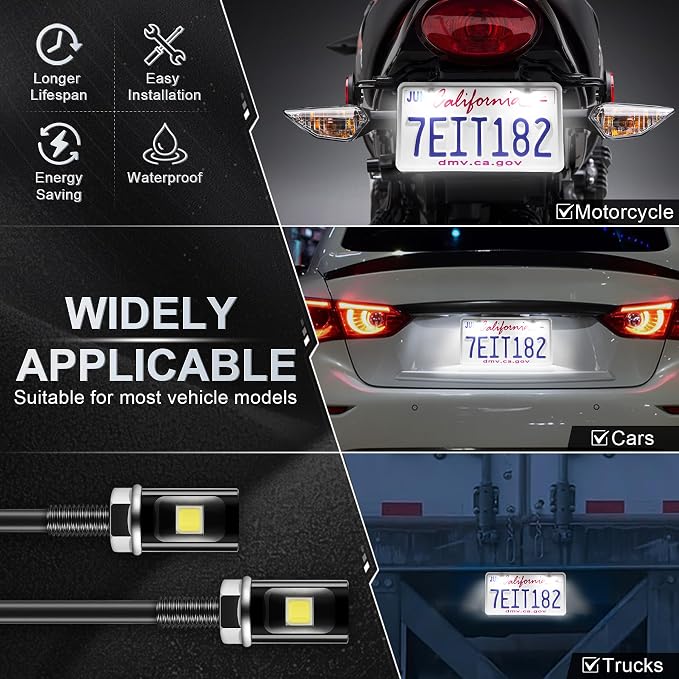 LivTee Super Bright License Plate Light, 12V License Tag Screw Bolt Accessories, Waterproof Black Aluminium Light Holder, Legal for Car Motorcycle Truck RV ATV Bike, Xenon White(2PCS)