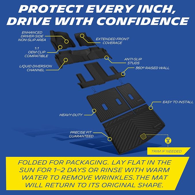 Michelin Vehicle Mats, All-Weather TPE Custom Fit Liner for 2021-2026 Chevy Tahoe/GMC Yukon/Cadillac Escalade 7 Seats, Not Fit Yukon XL/Escalade ESV or 8/9 Seats (7 Piece), Premier
