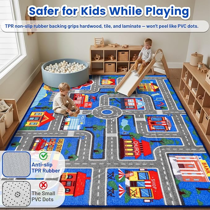 Kids Carpet Playmat Rug 78.7"x59", Car Rug for Kids Cars, Non-Slip Town City Road Map Kids Rugs for Playroom Bedroom Boys, Kids Cars Play Mat Track Road Rugs for Kid (78.7X59Inch,Blue)