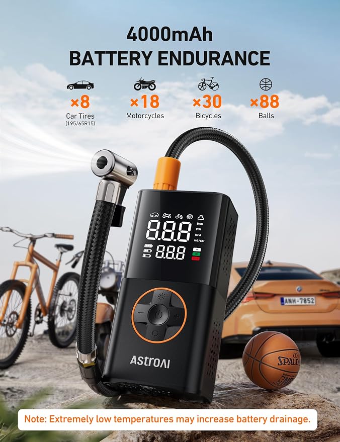 AstroAI L7 Tire Inflator Portable Air Compressor Cordless-2pack Bike Pump with Digital Dual Values Display, 150 PSI Car Tires Pump with LED Lights Air Pump for Cars, Motorcycles, Bikes, Balls Orange