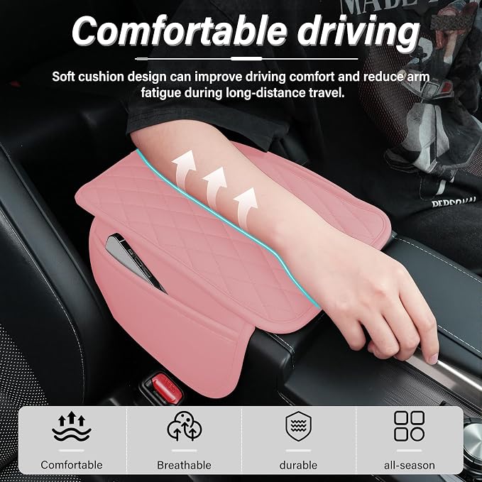 Amiss Car Center Console Cover, Upgraded Leather Car Armrest Cushion with 2 Storage Pockets, Universal Waterproof Cushion Pad, Non-Slip Car Interior Accessories, Fits Most Sedans SUVs Trucks (Pink)