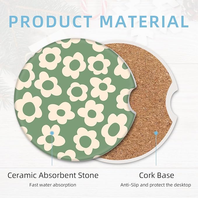 2 Pack Car Coasters for Cup Holders, 2.56" Universal Absorbent Ceramic Stone Car Cup Holder Coasters with Non-Slip Cork Base, Car Interior Accessories for Women Men(Vintage Groovy Flowers)