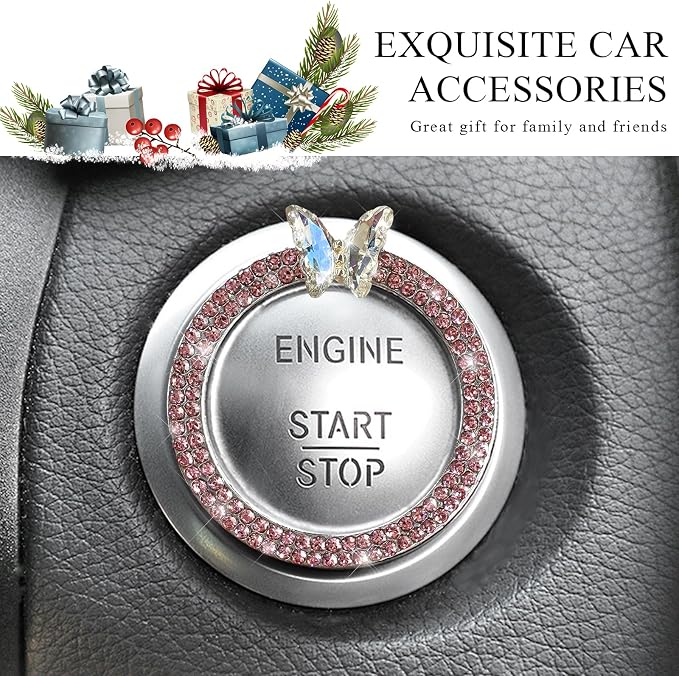 DXNQ 2PCS Bling Ring Emblem, Sparkling Butterfly Car Buttons and Knobs Ring, Girly Butterfly Diamond Car Engine Start Button Cover, Key Ignition Knob Rings Decoration for Women (Pink, Double Row)